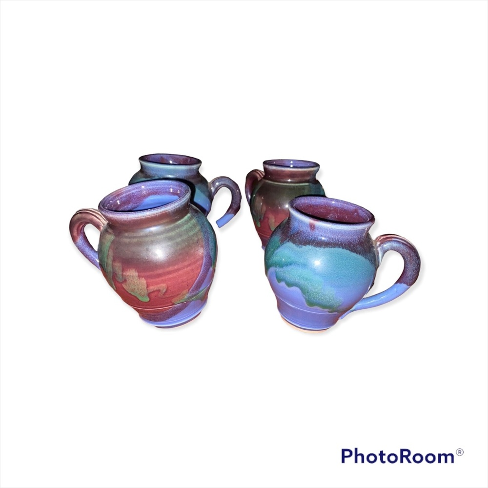 4 Set Studio Pottery Mugs Purple Oxblood Signed